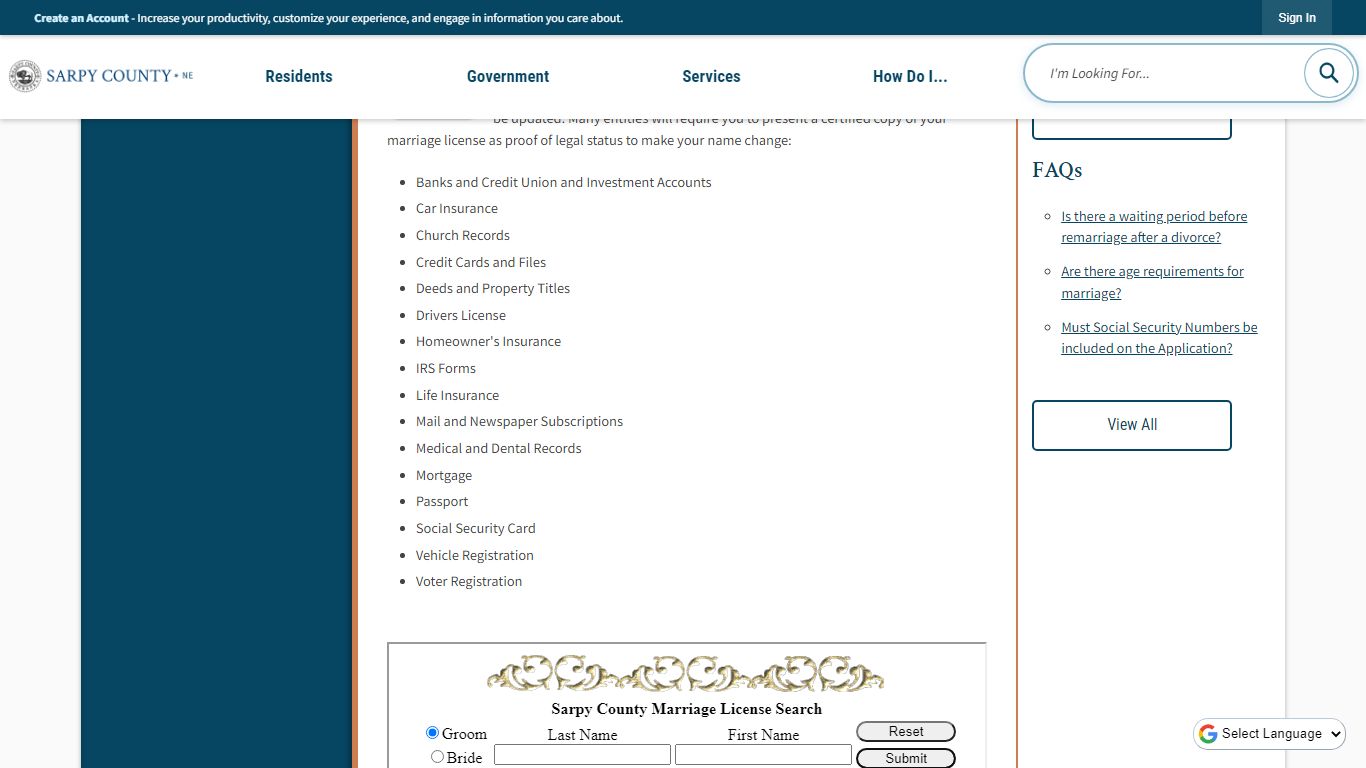 Marriage Licenses | Sarpy County, NE