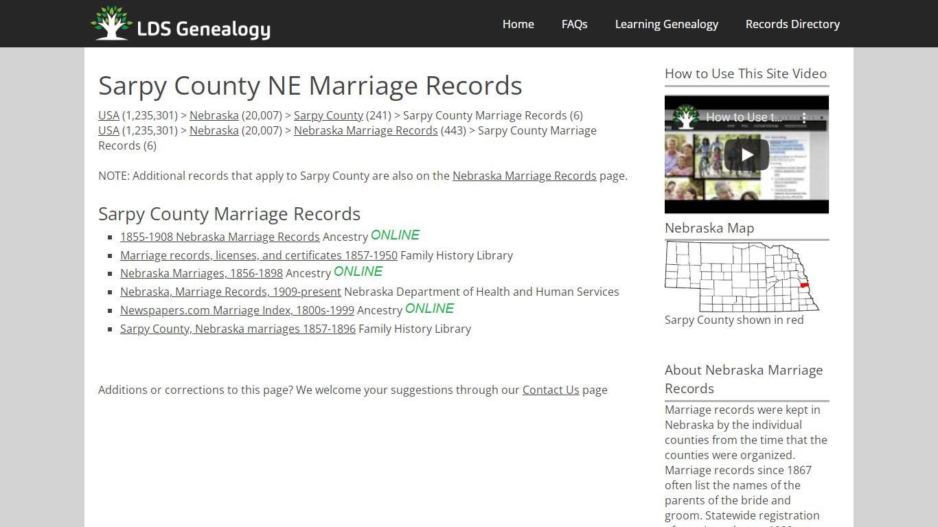 Sarpy County NE Marriage Records - ldsgenealogy.com